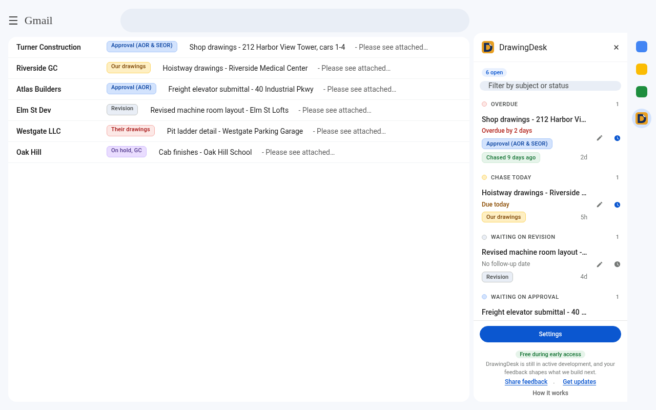 DrawingDesk side panel in Gmail listing elevator shop drawing submittals by status and follow-up date