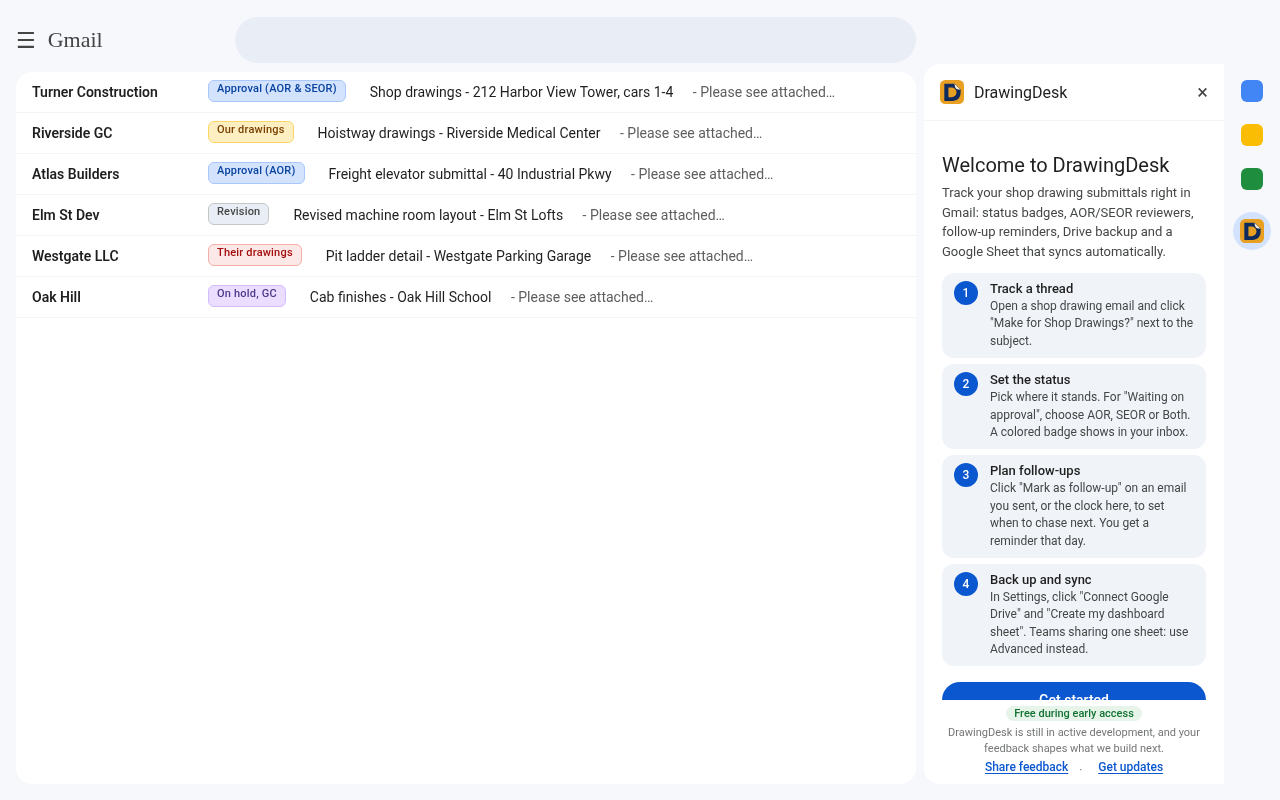 DrawingDesk welcome guide in the Gmail side panel with four setup steps